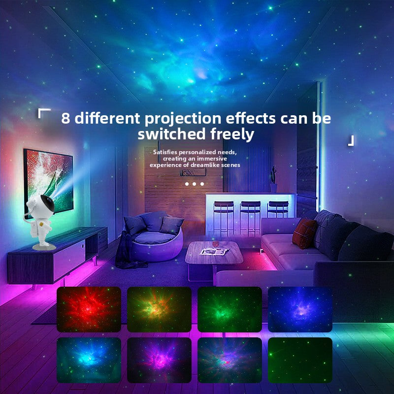 Astronaut Galaxy Projector in a living room, with examples of its eight projection effects (supplier image)