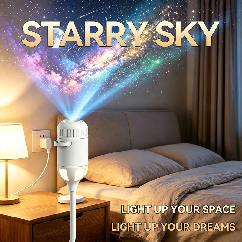 Starry Sky USB Galaxy Projector plugged in beside a bed, projecting a galaxy onto the wall and ceiling (supplier image)