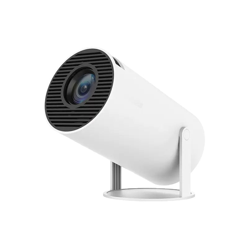 Portable Mini Movie Projector, white cylinder body on a swivel stand