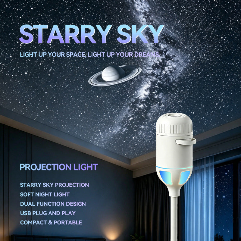 Starry Sky USB Galaxy Projector under a starry ceiling with a Saturn scene and feature list (supplier image)