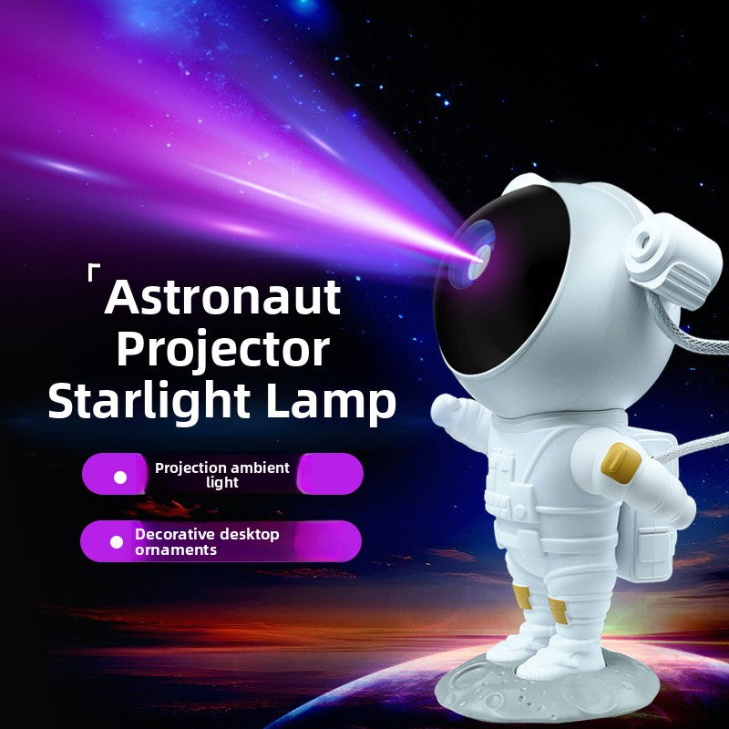 Astronaut Galaxy Projector sending a purple projection beam from its helmet (supplier image)