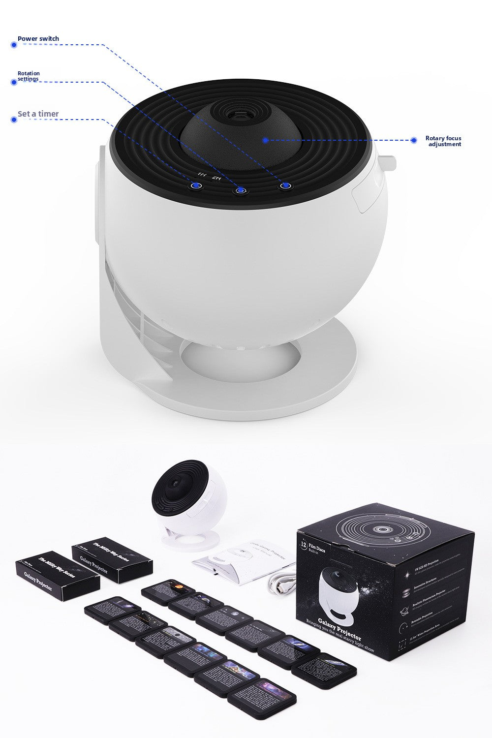 Globe Galaxy Projector Lamp controls: power switch, rotation, timer and rotary focus, plus the box with film discs, USB cable and manual (supplier image)