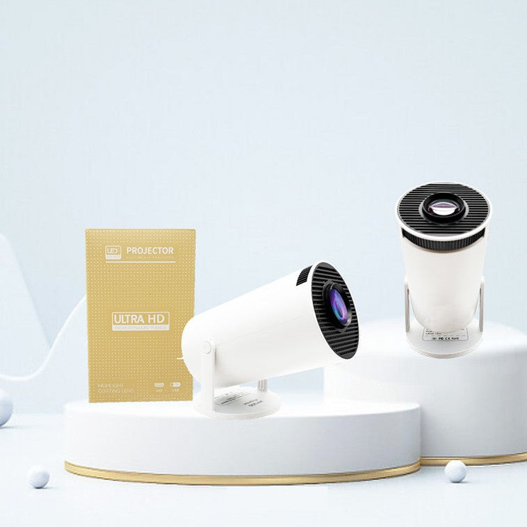 Two Portable Mini Movie Projectors on display stands, one angled toward a wall and one pointing up (supplier image)