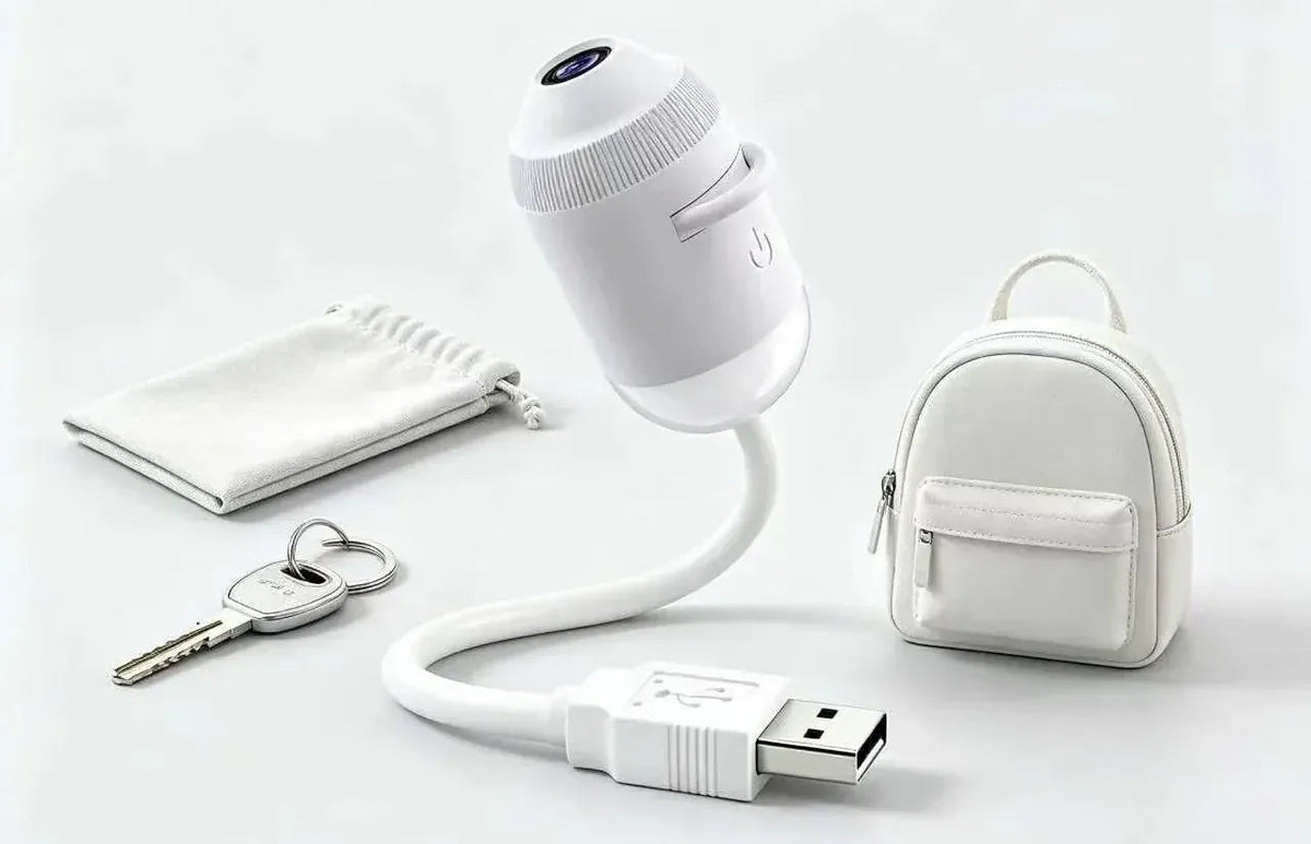 Starry Sky USB Galaxy Projector with its flexible neck and USB plug, shown next to keys and a mini backpack for scale