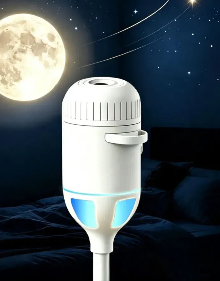 Starry Sky USB Galaxy Projector projecting a full moon scene in a dark bedroom (supplier image)