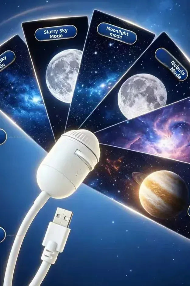 Replaceable scene films fanned out behind the projector: starry sky, moonlight, nebula and planet scenes