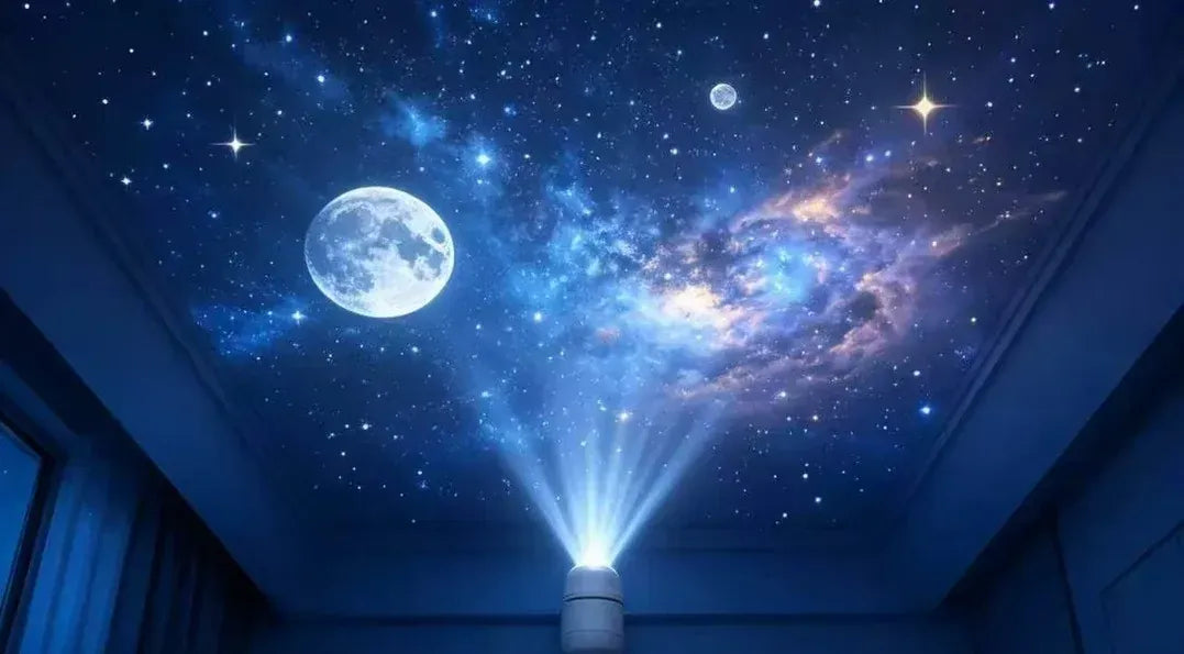 Starry Sky Projector projecting a moon and galaxy scene onto a bedroom ceiling